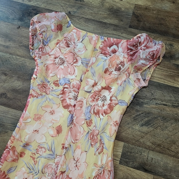 Vintage La Belle Y2K Yellow Floral Sheer Midi Slip Dress Size 9 - Picture 9 of 9